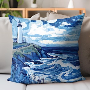 Lighthouse Coastal Pillow, Nautical Inspired Cushion Cover, Ocean View Throw Pillow, Seaside Home Decor, Beach House Accent Pillow