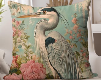 Blue Heron Vintage Floral Art Throw Pillow, Heron Decorative Pillow Cover, Nature Bird Accent Pillow, Cottagecore Cushion