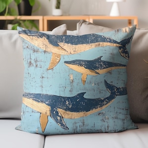 Whale Art Pillow Cover, Beach House Throw Pillow, Coastal Home Decor, Ocean Life Cushion, Square Pillow Case, Nautical Living Room Pillows