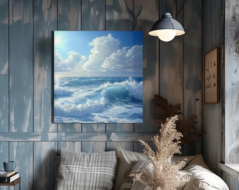 Puede incluir: Un cuadro cuadrado de pared que representa una escena oceánica de color azul vibrante con olas rompientes de espuma blanca bajo un cielo brillante lleno de nubes blancas esponjosas. La obra se exhibe en una pared de madera azul grisácea.