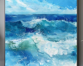 Aqua Watercolor Ocean Waves Canvas Wall Art Prints, Beautiful Blue Stormy Sea Waves Art, Nautical Wall Print, Above Bed Decor Wall Hanging