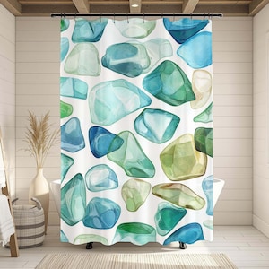 Seeglas Duschvorhang, 71x74 Strand Stein Badezimmer Dekor, Ocean Gem Inspiriert Print, Aquamarin Türkis Grün Blau Muster