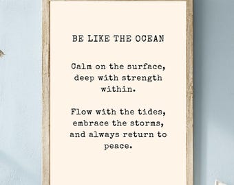 Be Like the Ocean Quote Wooden Framed Canvas Art, Inspirational Ocean Wall Art,Coastal Beach Quote Decor, Nautical Canvas Motivational Print
