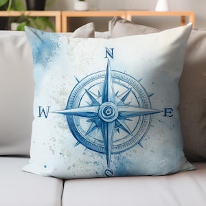 Rustic Watercolor Compass Pillow Cover, Nautical Navigation Cushion, Blue Coastal Throw Pillow, Square Pillow Case, Beach House Decor