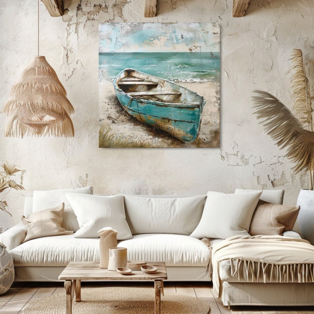 Distressed Aqua Boat on Shore Canvas Wall Art Prints, Coastal Beach ...