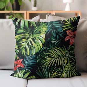 Tropical Leaves Pillow, Vibrant Floral Cushion Cover, Jungle-Inspired Throw Pillow, Exotic Home Decor, Coastal Accent Pillow