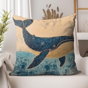 Whale Art Pillow Cover, Coastal Throw Pillow, Ocean Inspired Decor, Square Pillow Case, Nautical Living Room Cushion, Gift for Whale Lovers