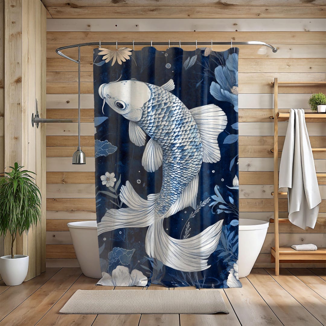 Blue and White Coastal Fish Shower Curtain, Nautical Ocean Bathroom ...
