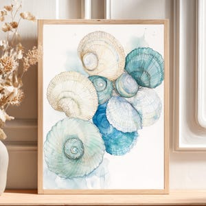 Arte de pared con conchas marinas, lienzo enmarcado con acuarela costera, impresión de océano con recolectores de basura, decoración azul náutico, decoración serena junto al mar.