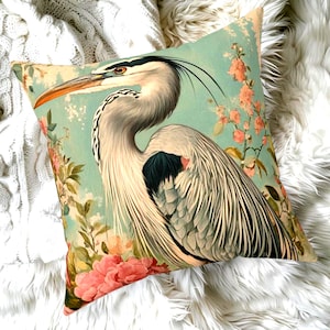 Cuscino decorativo con motivo floreale vintage Blue Heron, federa per cuscino decorativo con motivo Airone, cuscino decorativo con uccelli della natura, cuscino Cottagecore