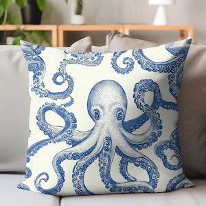 Octopus Print Pillow, Blue Ink Ocean Cushion Cover, Nautical Sea Life Throw Pillow, Coastal Beach House Decor, Marine Animal Accent