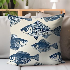Vintage Fish Pillow, Nautical Inspired Cushion Cover, Coastal Decor Accent, Ocean Life Throw Pillow, Seaside Accent Throw Pillow