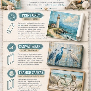 The image is an informational graphic about available product options for coastal wall art and gifts. It includes images of a lighthouse, a coastal wall, and various artworks, along with descriptions of the different options available, such as print, canvas wrap, and framed canvas. The text is clear and concise, providing a comprehensive overview of the available choices for customers.