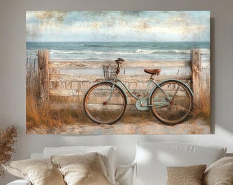Art mural sur toile vélo de plage, peinture vélo côtier rustique, impression océan clôture patinée, déco rivage serein, accent de maison de plage
