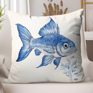Fish Wall Art Pillow, Ocean Themed Living Room Decor, Beach House Cushion Accent, Coastal Sea Life Pillow Cover