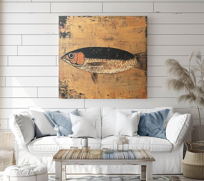 Rustic Sardine Canvas Wall Art, Coastal-Inspired Marine Life Prints, Nautical Fish Artwork Beach House Decor, Fishing Wall Hanging Art image 3