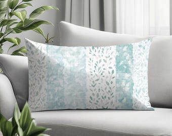 Cojín lumbar botánico costero, cojín de hojas a rayas blancas y aguamarina, cojín decorativo para sofá de casa de playa, manta playera, regalo de decoración playera