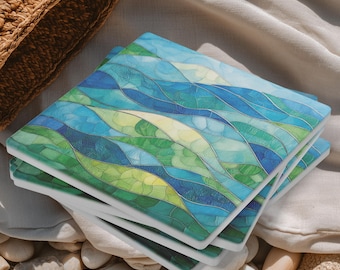 Ocean Wave Glass Coasters Set of 4, Faux Stained Glass Stone Coasters, Coastal Home Accent, Beach House Coffee Decor, Gift For Sea Lover