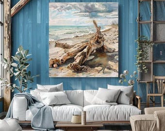 Driftwood at Shoreline Coastal Canvas Wall Art, Driftwood Wall Art, Coastal Decor, Large Wall Decor, Beachy Prints, Nature Wall Art