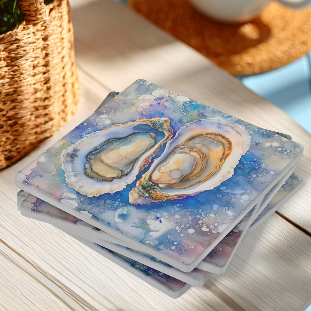 Shell Coaster Design Set of 4 Oyster Shell Coasters, Coastal Ocean Inspired Decor, Square ...