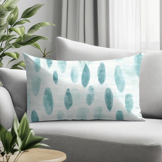 Teal Watercolor Dot Coastal Lumbar Pillow, Beach House Sofa Accent