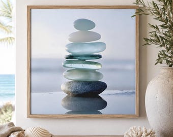 Zen Stacked Beach Glass Canvas Art, Tranquil Coastal Wall Decor, Minimalist Zen Stones Print, Meditation Room Wall Art