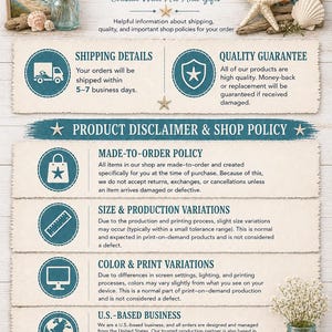 The image is a shipping and shop policy document that provides information about the company's shipping and shop policies. It includes icons and text to guide customers in understanding the policies, such as shipping details, product disclaimer, and shop policy.