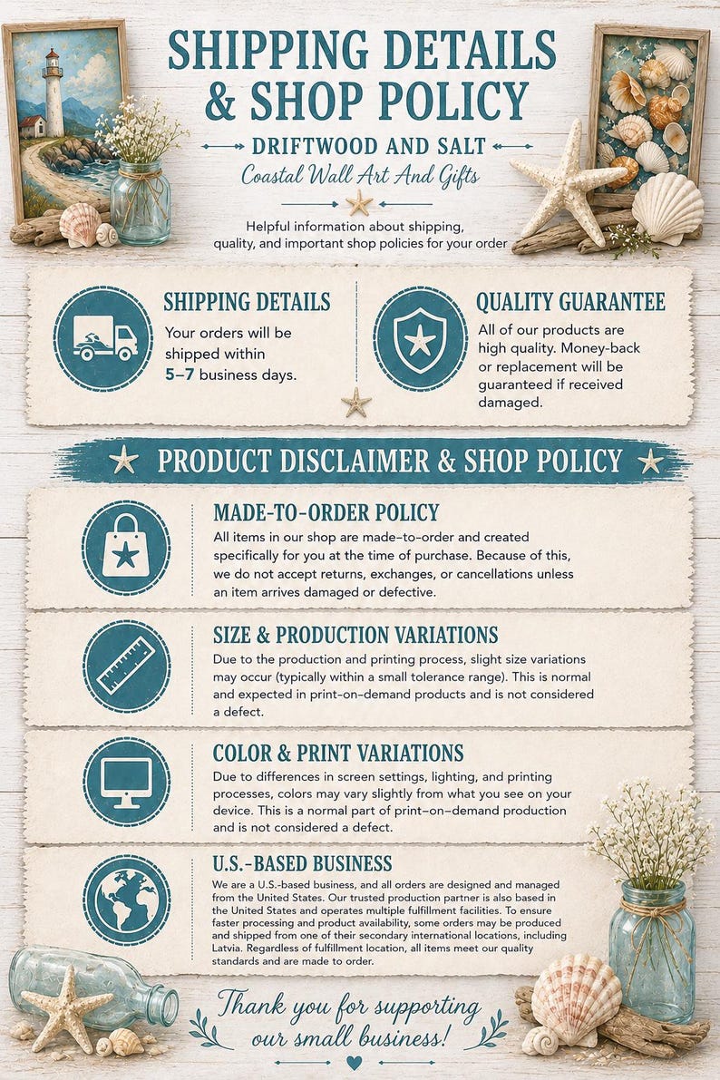 The image is a shipping and shop policy document that provides information about the company's shipping and shop policies. It includes icons and text to guide customers in understanding the policies, such as shipping details, product disclaimer, and shop policy.