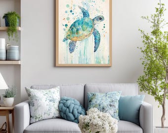 Watercolor Sea Turtle Wall Art, Coastal Sea Life Print, Ocean Wildlife Painting Canvas, Beach House Marine Decor, Turtle Lover Gift