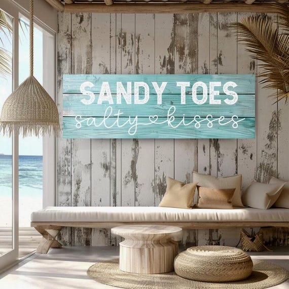 Rustic Coastal Canvas Art, Sandy Toes Salty Kisses Signage Decor, Weathered Beach Painting, Distressed Wood  Horizontal Wall Print