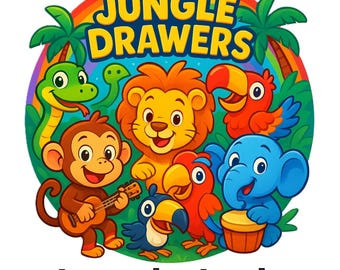 May include: A colorful illustration featuring jungle animals, including a lion, monkey, parrot, and elephant, with the text "Jungle Drawers" and "Learn the Jungle" in a rainbow-colored design.