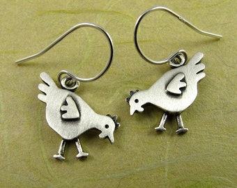 Tiny chicken earrings - sterling silver