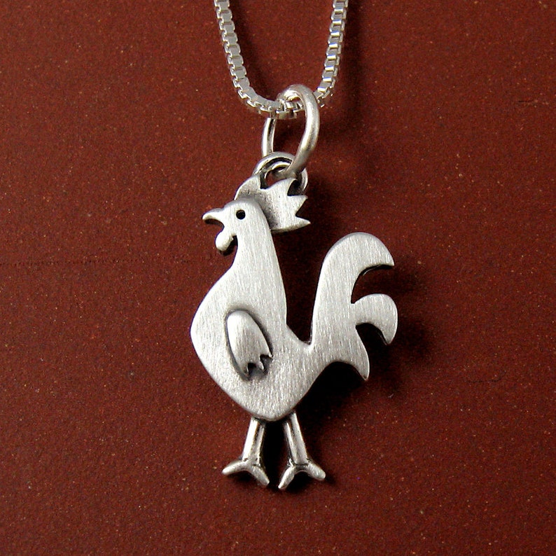 Tiny rooster pendant / necklace sterling silver image 1