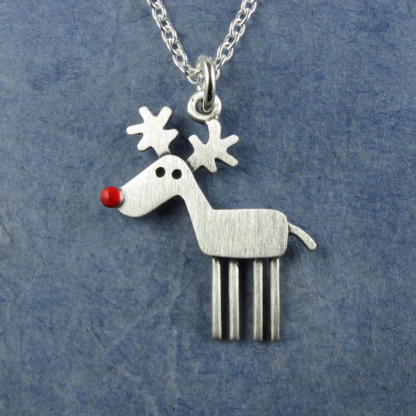 Rudolph the red-nosed reindeer pendant / necklace - sterling silver - handcrafted