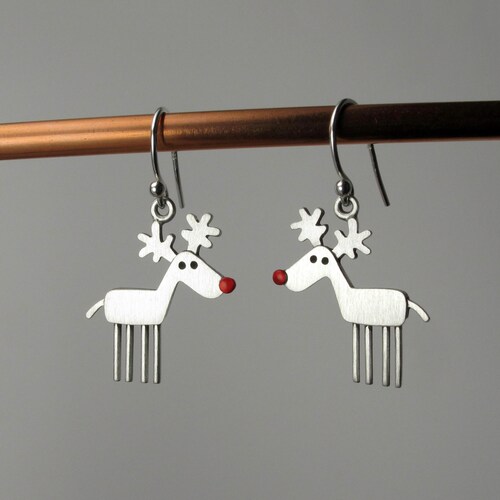 Boucles d'oreilles Rudolph le renne au nez rouge - argent sterling - fabriquées à la main
