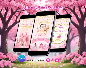 Princess Birthday Invitation, Fairytale Party, Castle Invite, Canva Template, Editable Video (Instant Download)