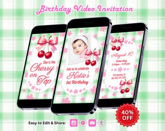 Cherry Birthday Invitation, Cherry On Top Party Invite, Canva Template, Editable Video (Instant Download)