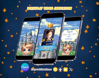 Little Prince Birthday Invitation, Prince Party, Castle Invite, Canva Template, Editable Video (Instant Download)