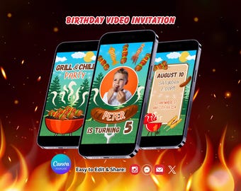 BBQ Birthday Invitation, Grill Party, BBQ Invite, Canva Template, Editable Video (Instant Download)