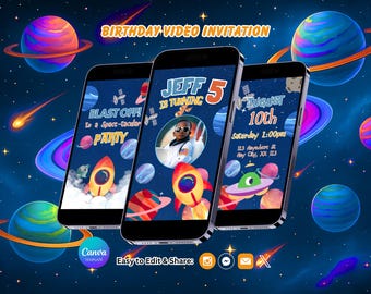 Space Birthday Invitation, Outer Space Party, Astronaut Invite, Canva Template, Editable Video (Instant Download)
