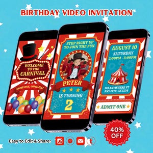 Editable Carnival Birthday Video Invitation Template, Circus Party Invite, Carnival Party Invitation, Digital Circus Theme Party Invitation