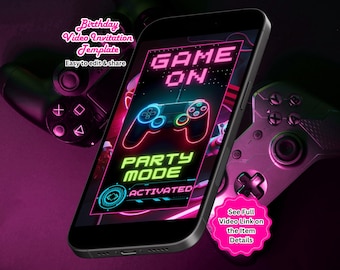 Video Game Birthday Invitation, Gamer Party, Game On Invite, Editable Canva Template (Instant Download)