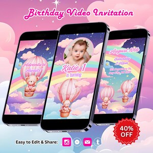 Editable Hot Air Balloon Birthday Video Invitation: Adventure Awaits Invite, Canva Template (Digital Download)