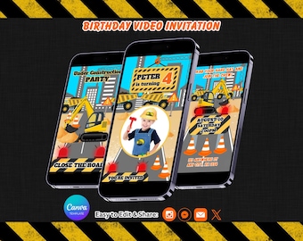 Construction Birthday Invitation, Construction Truck Theme Party Invite, Canva Template, Editable Video (Instant download)