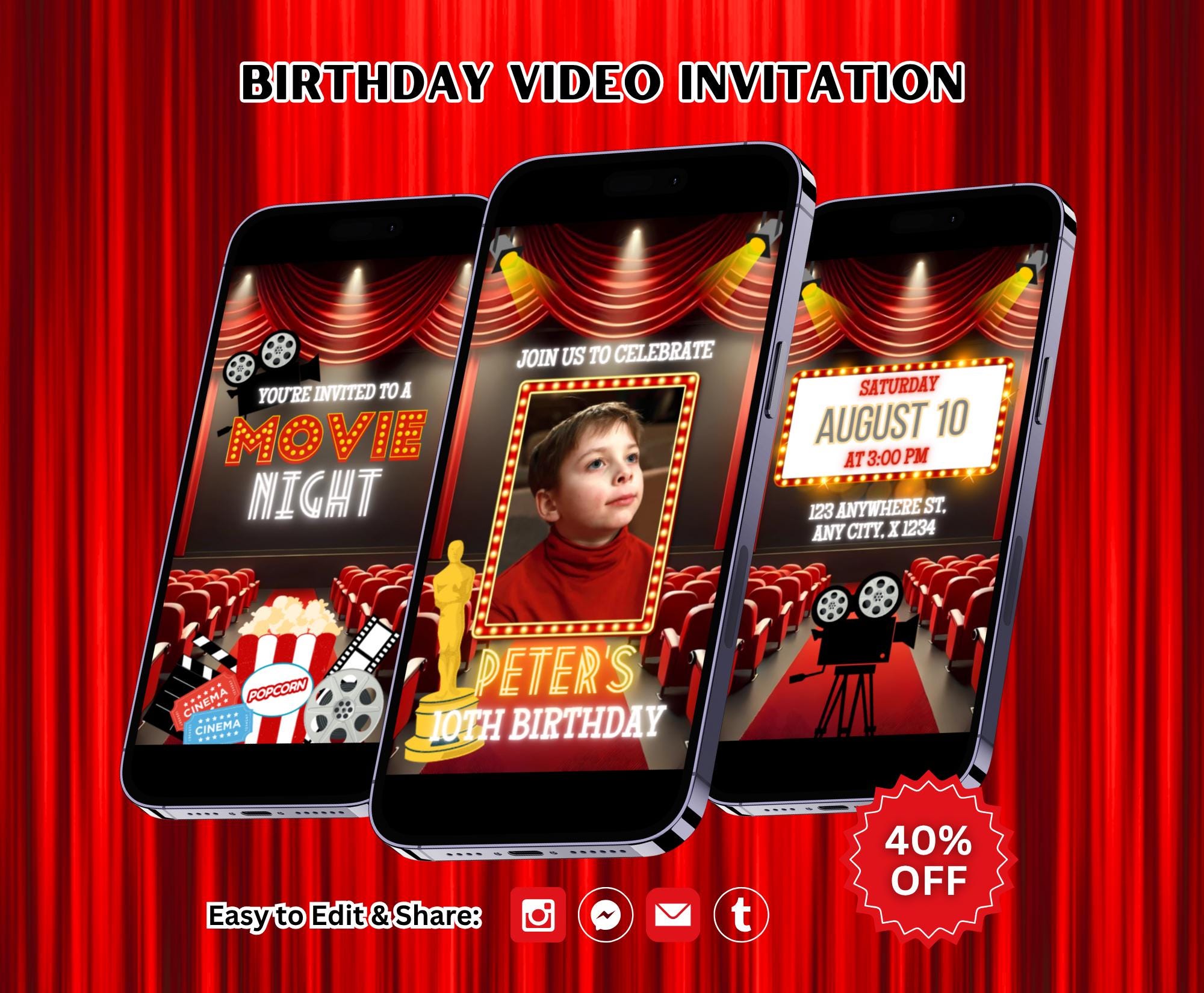 Editable Movie Night Birthday Video Invitation Template, Digital Movie Party Invite, Movie Night Birthday Party, Cinema Birthday Party Evite