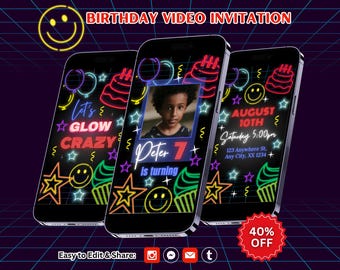 Neon Glow Birthday Invitation, Let’s Glow Party Invite, Canva Template, Editable Video (Instant Download)