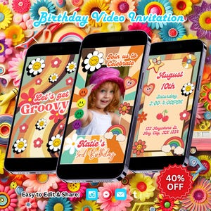 Editable Groovy Birthday Video Invitation: Groovy Party Invite, Retro Invites, Canva Template (Digital Download)