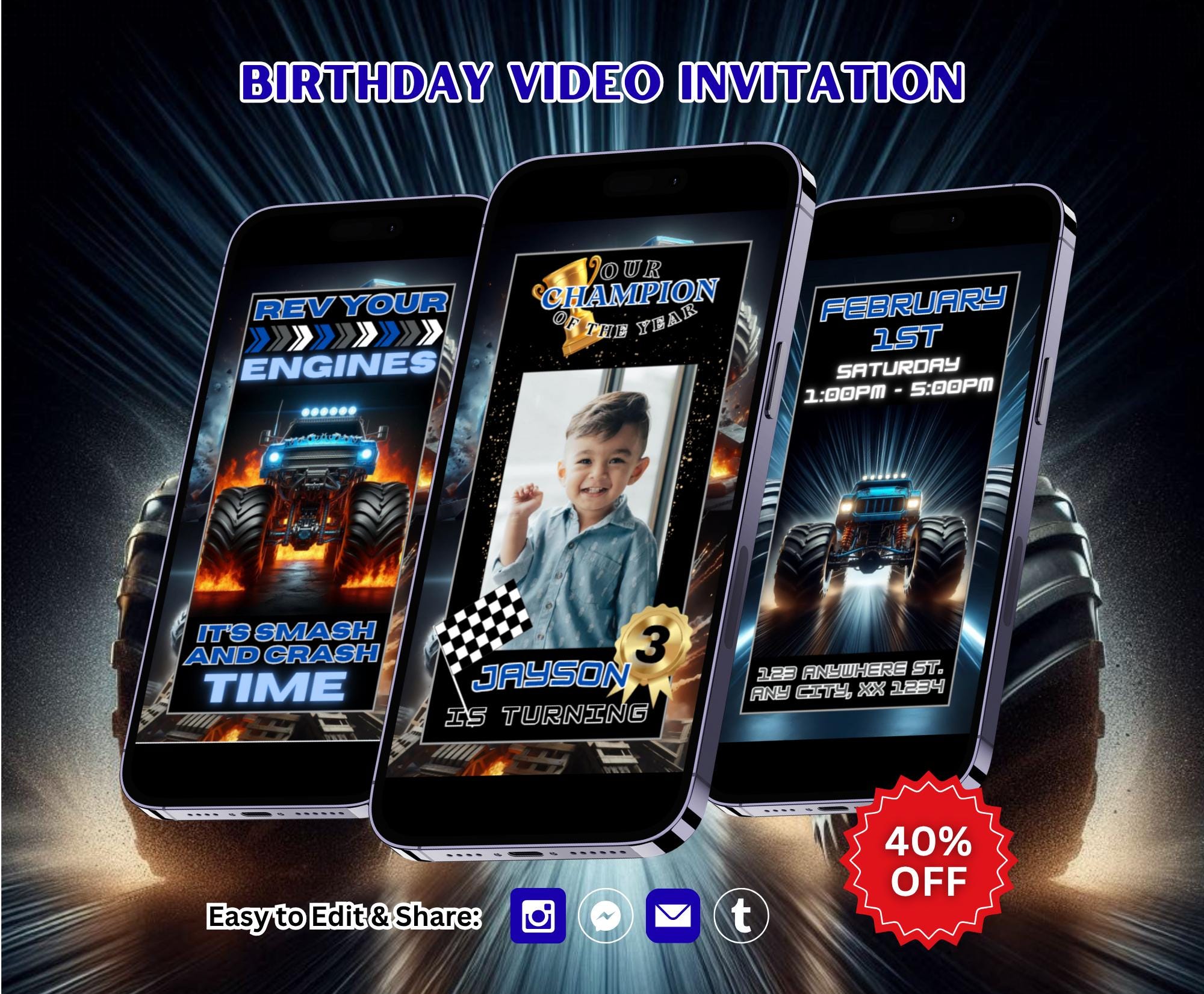 Editable Monster Truck Birthday Video Invitation Template, Monster Truck Party Invitation Birthday, Truck Theme Boy Birthday Invitation