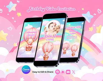 Hot Air Balloon Birthday Invitation, Bear Balloon Invite, Canva Template, Editable Video (Instant Download)
