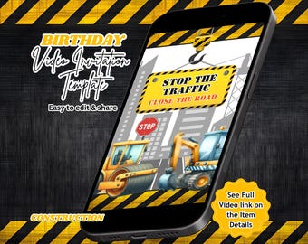 Construction Birthday Video Invitation, Construction Truck Invite, Editable Canva Template (Instant download)